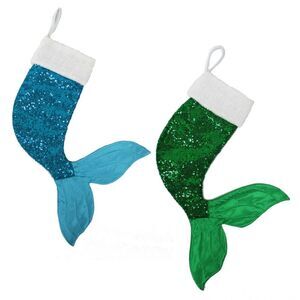 Mermaid Tails Blue and Green Sequins Christmas Holiday Shaped Stockings Set of 2